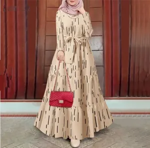 Women's Bohemian Printed Belted Maxi Dress Round Neck Long Sleeve Loose Casual Polyester Top And Bottom Dress For Vacation
