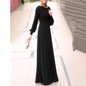 Elegant black maxi dress with modest bubble sleeves and a long flowing swing skirt.