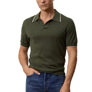 Close-up view of premium olive green short sleeve knit polo shirt with contrast collar