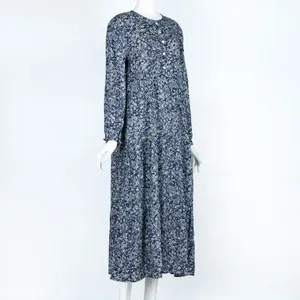Navy blue floral print tiered maxi dress with long sleeves and round neck detail