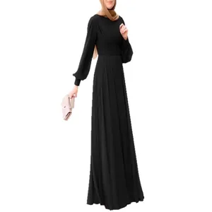 Elegant black plus size maxi dress with puff sleeves and flowing hem, full front view.