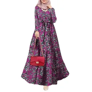 Vintage lila Blumen-Maxikleid mit langen Ärmeln und passendem Gürtel, elegante Abaya.