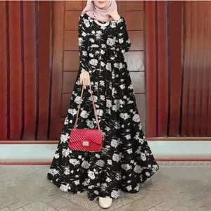 Robe longue élégante à imprimé fleuri, manches longues, coupe rétro ample avec ceinture.