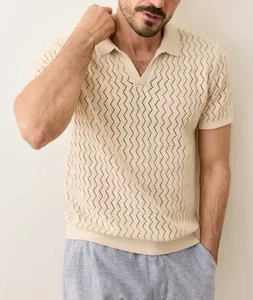 Detailed view of a men's cream hollow knit polo shirt showing breathable texture
