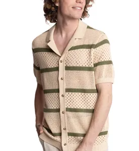 Close-up of men's striped hollow-out knit polo cardigan with button-down detail