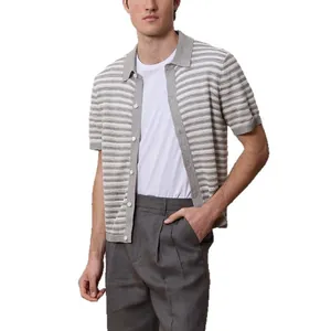 Detail view of men's summer hollow knit Polo shirt in grey and white stripes