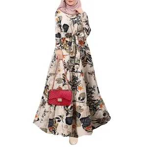 Elegant floral print long sleeve O-neck loose maxi dress with belt and quilted bag