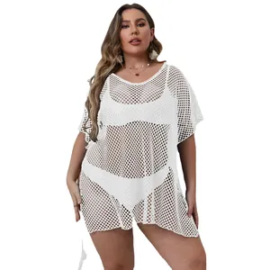 Plus size white mesh beach cover-up dress with sexy asymmetrical see-through style