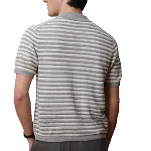 Detailed back view of a men's grey and white striped short sleeve pointelle knit Polo shirt
