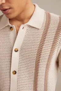 Close-up of men's hollow-out knitted Polo cardigan with tortoiseshell texture buttons