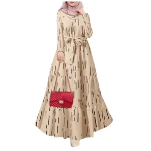 Elegant Bohemian maxi dress with round neck and black striped print on beige background