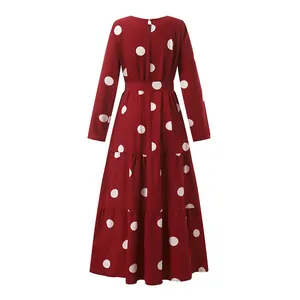 Back view of vintage burgundy polka dot print maxi dress with long sleeves and keyhole detail
