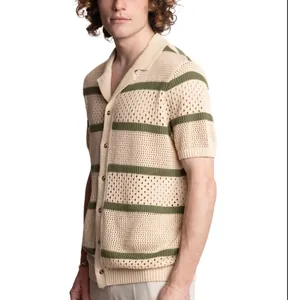 Detail of men's striped hollow-knit short-sleeved cardigan polo shirt with texture