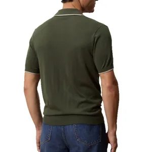 Back view of a men's dark green short-sleeved knit polo shirt with slim fit