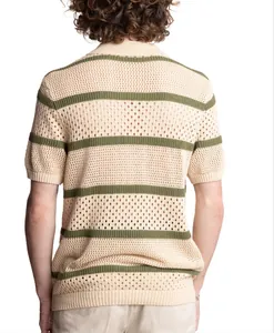 Back view of men's striped open-knit short-sleeve polo shirt showing mesh texture
