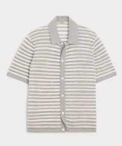 Close-up detail of a men's summer striped hollow knit polo shirt with buttoned front