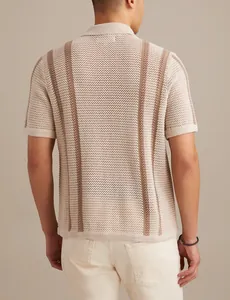 Detailed back view of a men's casual beige hollow knit Polo shirt with vertical brown stripes