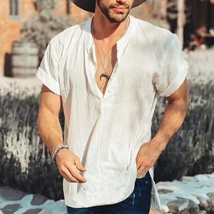 Men's Casual Short Sleeve Shirt Solid Color Henley Collar Polyester Cotton Summer Top Breathable Soft Fashion Shirt For Everyday Wear