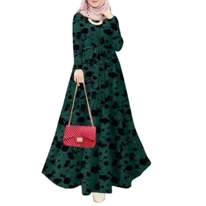Robe maxi élégante vert foncé à imprimé fleuri avec manches longues et ceinture assortie