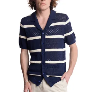 Close-up of navy blue striped knit polo shirt with breathable hollow-out design