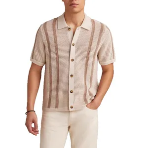 Detailed view of the hollowed-out knit texture and buttons on a men's polo shirt