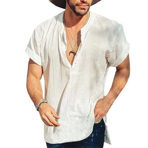 Close-up detail of men's white breathable cotton linen shirt with a casual henley neck