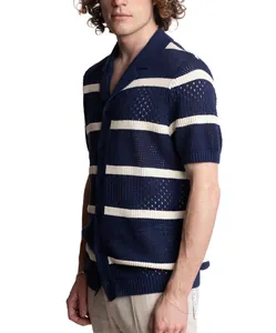Detailed side view of a men's navy blue striped hollow-out knit polo shirt cardigan