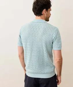Back view of men's hollow knit short-sleeve Polo shirt with light blue zigzag texture