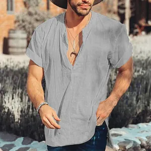 Detail view of men's casual grey cotton linen shirt with textured fabric and V-neckline
