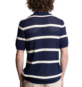 Back view of a men's navy blue striped hollow knit polo shirt with mesh texture.