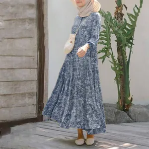 Detail view of a blue floral tiered maxi dress with loose pullover design and round neck