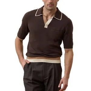 Detail view of men's brown color block knitted Polo shirt with short sleeves and lapel