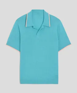 High-quality teal blue men's knitted polo shirt featuring elegant pink contrast trim details
