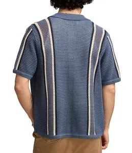 Rear view of men's blue hollow knit Polo shirt with vertical cream stripes detail