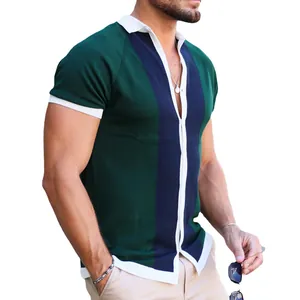 Detail view of men's color-block striped knit polo shirt in green and navy
