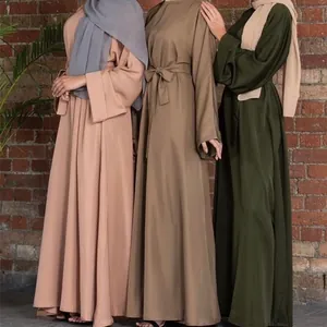 Women's Loose Plus Size Solid Color Belted Mid-length Maxi Dress Polyester Elegant Abaya Long Sleeve Modest Casual Robe