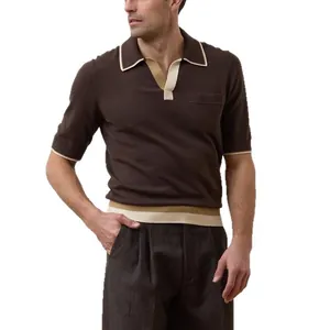 Detail view of men's knitted Polo shirt in brown with contrast collar and hem