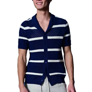 Detailed view of men's blue striped hollow knit short sleeve polo cardigan.