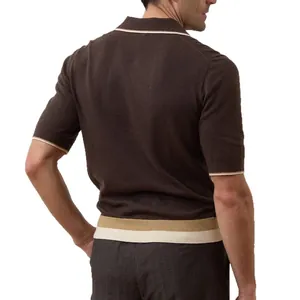 Detailed back view of a premium brown knit polo shirt with striped hem and cuff details.