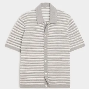 Men's summer casual short-sleeve hollow knit Polo shirt with grey and white stripes texture.