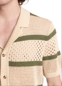 Close-up detail of men's hollow knit striped polo cardigan with breathable mesh texture
