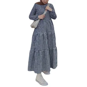 Elegant classic checkered long sleeve tiered maxi dress with puff sleeves and modest design