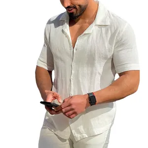 Minimalist white short-sleeved men's casual shirt featuring a textured lapel collar design