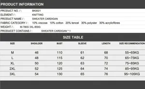 Tabella taglie e specifiche tecniche per cardigan uomo in maglia BK0021.