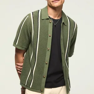 Polo da Uomo in Maglia a Giorno Casual a Righe Manica Corta Cardigan Traspirante Top in Viscosa