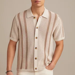 Men's Casual Knitted Polo Shirt Short Sleeve Open Front Cardigan Pointelle Knit Vertical Striped Viscose Breathable Top