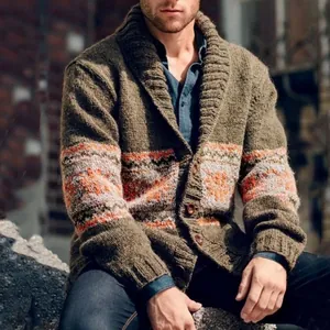 Men Vintage Knitted Cardigan Jacket Shawl Collar Geometric Jacquard Single Breasted Acrylic Cotton Blend Top For Autumn Winter