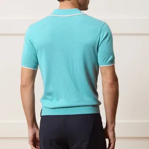 Back view of a men's turquoise short-sleeved knit polo shirt with white trim detail