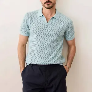 Men's Knit Polo Shirt Short Sleeve Hollow Out Chevron Textured V Neck Lapel Casual Summer Top Lightweight Breathable Male Fashion Clothing