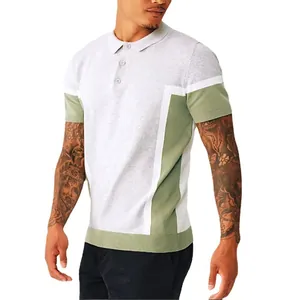 Detailed view of a men's slim fit color block knitted short sleeve polo shirt in grey and green